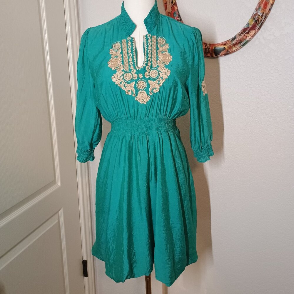 Neslay Paris Teal Green Embroidered Boho Mini Poof Bubble Dress Large